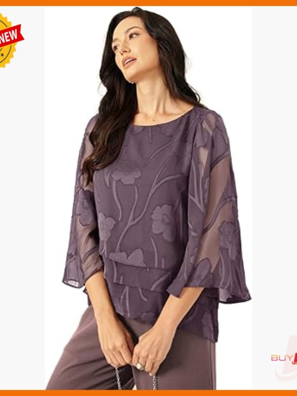 Chiffon Lace Blouse 3/4 Sleeve Floral Round Neck Business Casual Top
